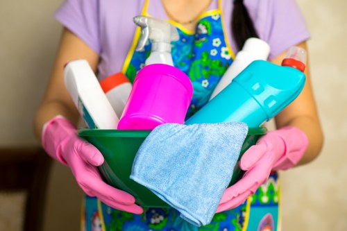Carpet cleaning technician preparing a safe workspace
