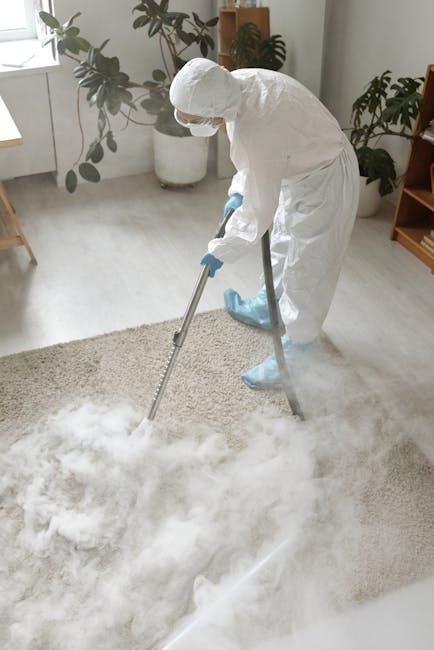 A woman using a yellow and black vacuum cleaner to deep clean a traditional patterned area rug in a living room with wooden flooring and a red leather sofa, demonstrating surface cleaning and maintena