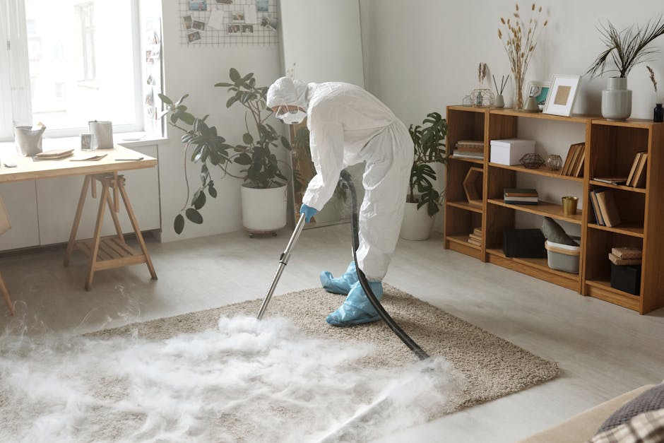 A person using a long-handled cleaning tool to perform surface cleaning on a dark grey carpet in a room with a large projection screen and black walls. The individual is dressed in casual clothing and